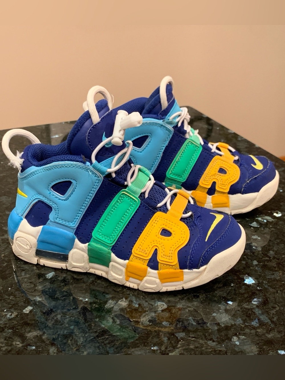 Nike More Uptempo Kids Size 1Y – Kaleidoscope (Blue/Yellow/Green) Sneaker Shoes